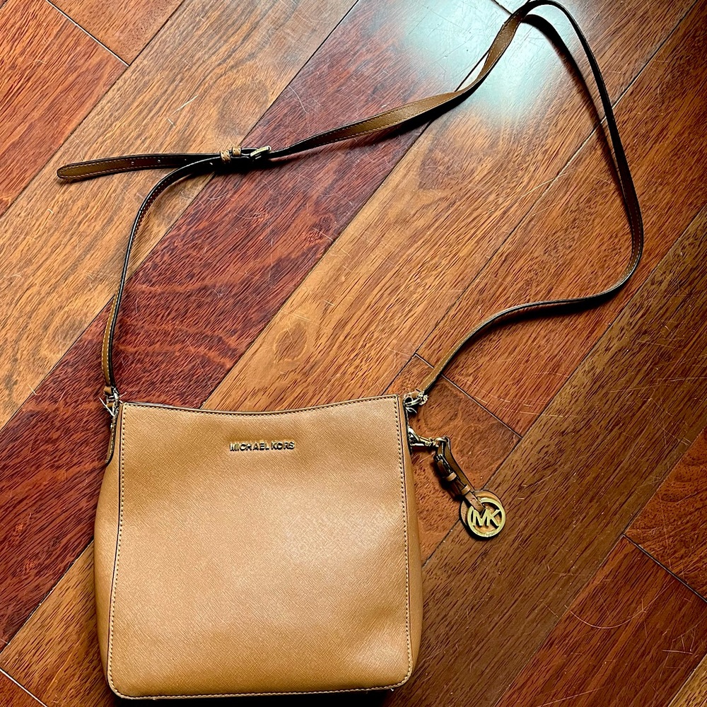 Michael Kors Crossbody Bag Tan Leather with Gold Metal Accents